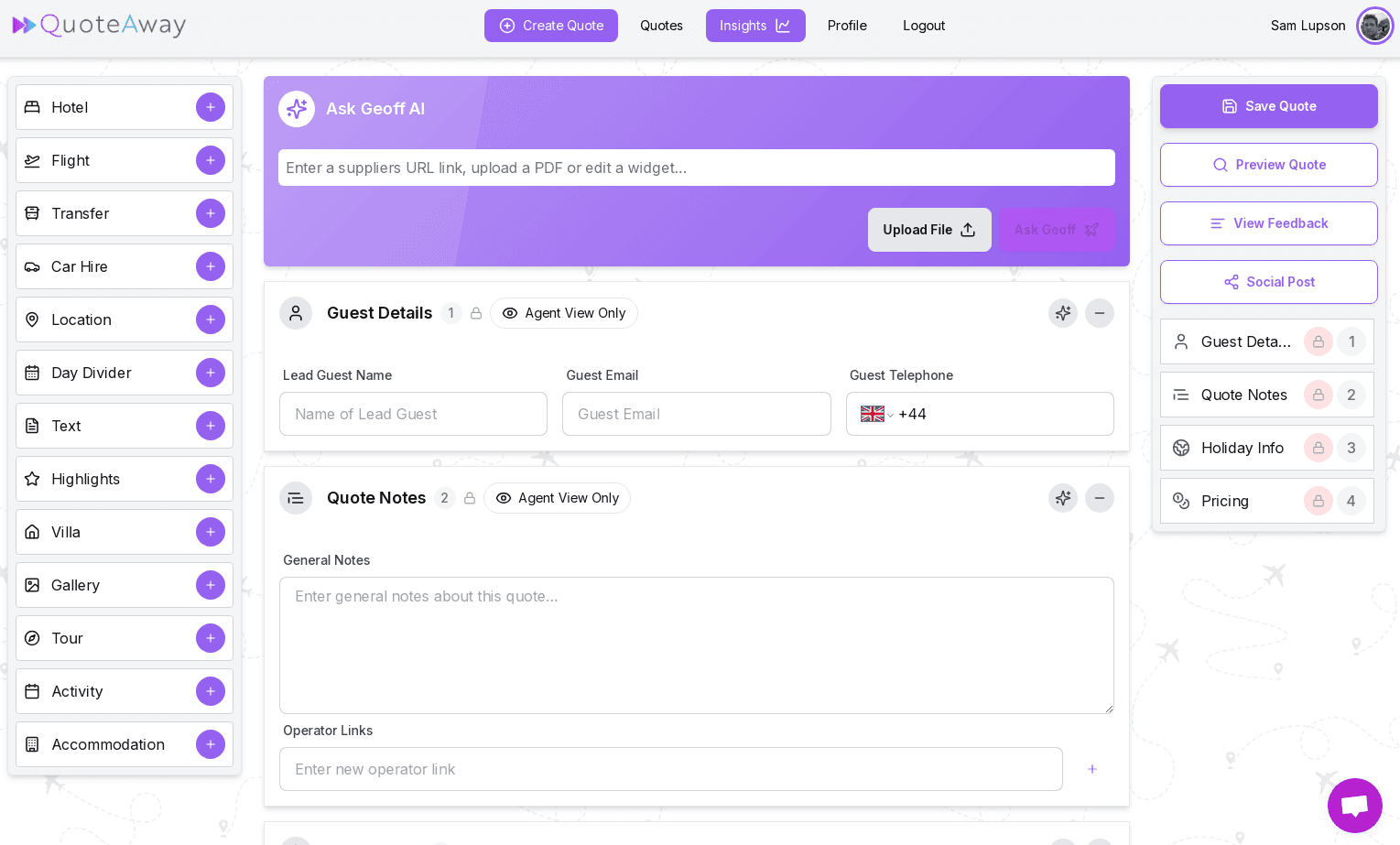 QuoteAway quote creation screen